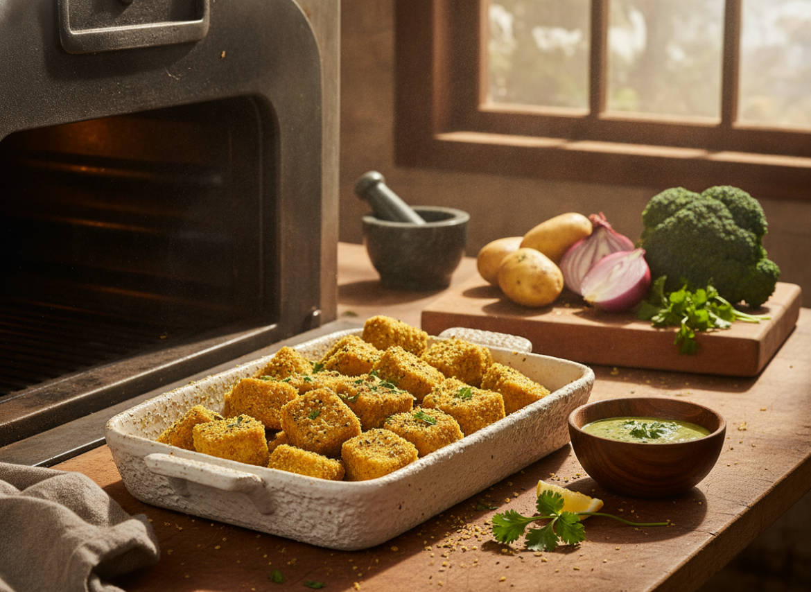 Krokante tofublokjes met kerrie uit de oven voor vegan gemak