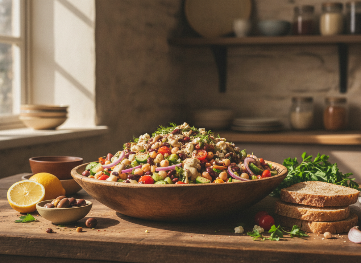 Mediterrane dense bean salad is een eiwitrijke vegan maaltijd