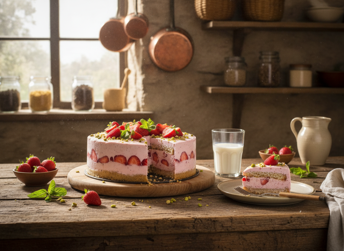 Plantaardige aardbeien-ijstaart zonder oven als fris zomerdessert
