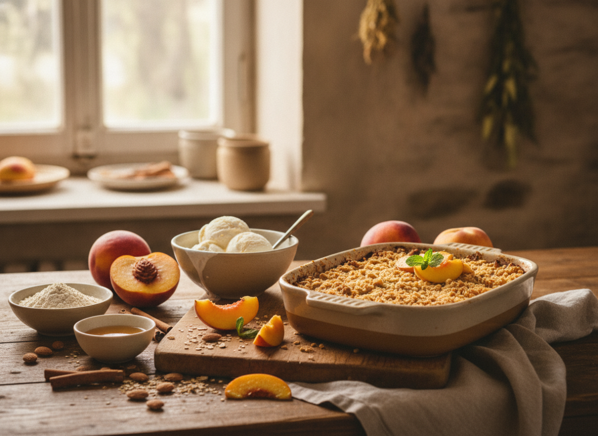 Vegan perzikcrumble maken voor een zomers plantaardig toetje